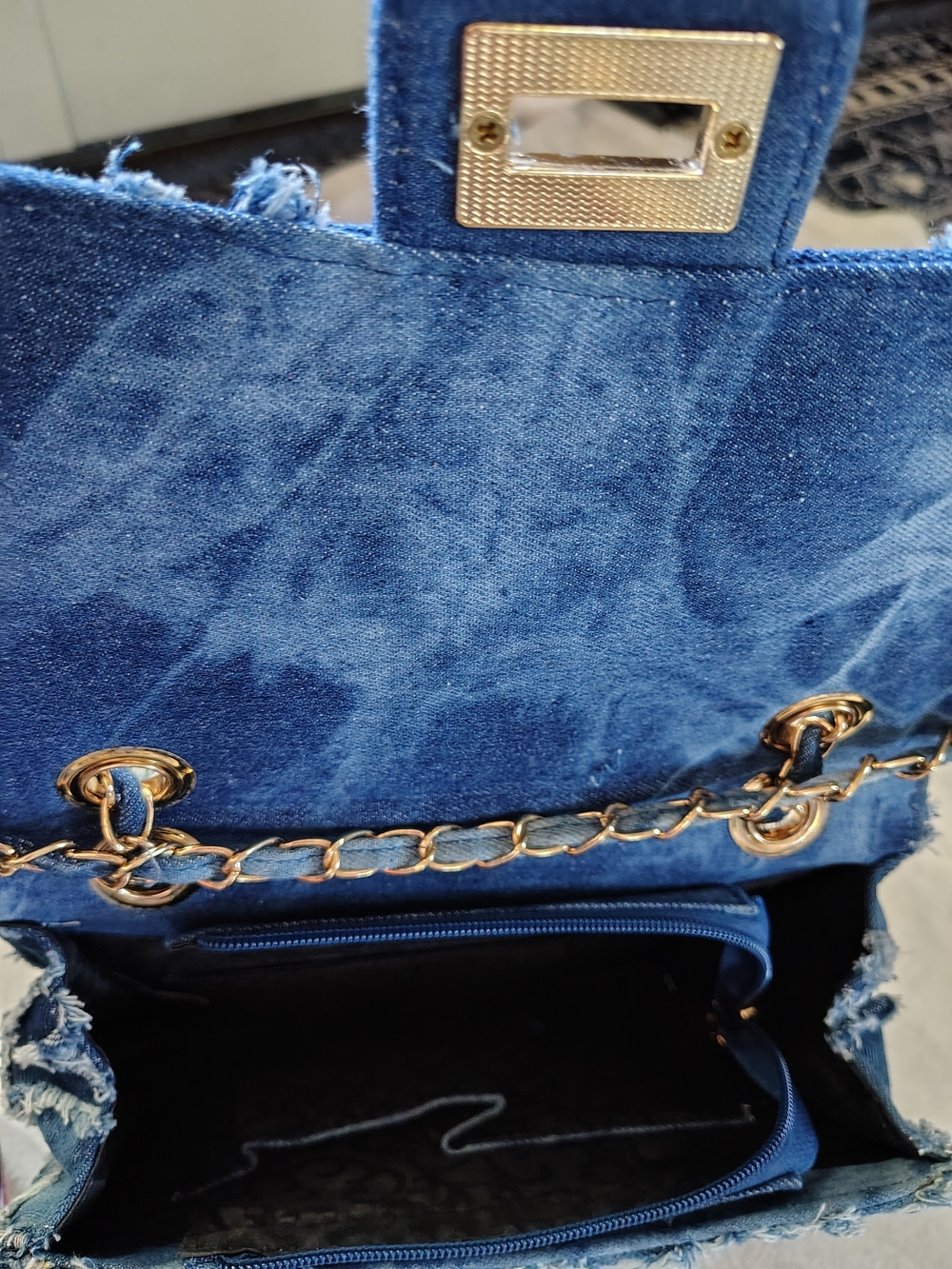 Blue Distressed Denim Crossbody Bag with Chain Strap - Picture 3 of 3